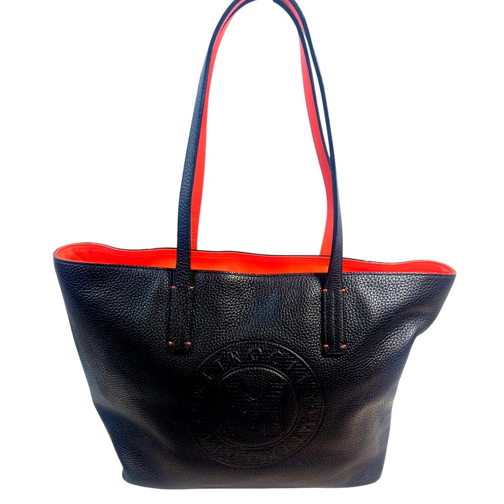 MetroCity Black Pebbled Leather Tote Red Interior Large Shoulder Bag